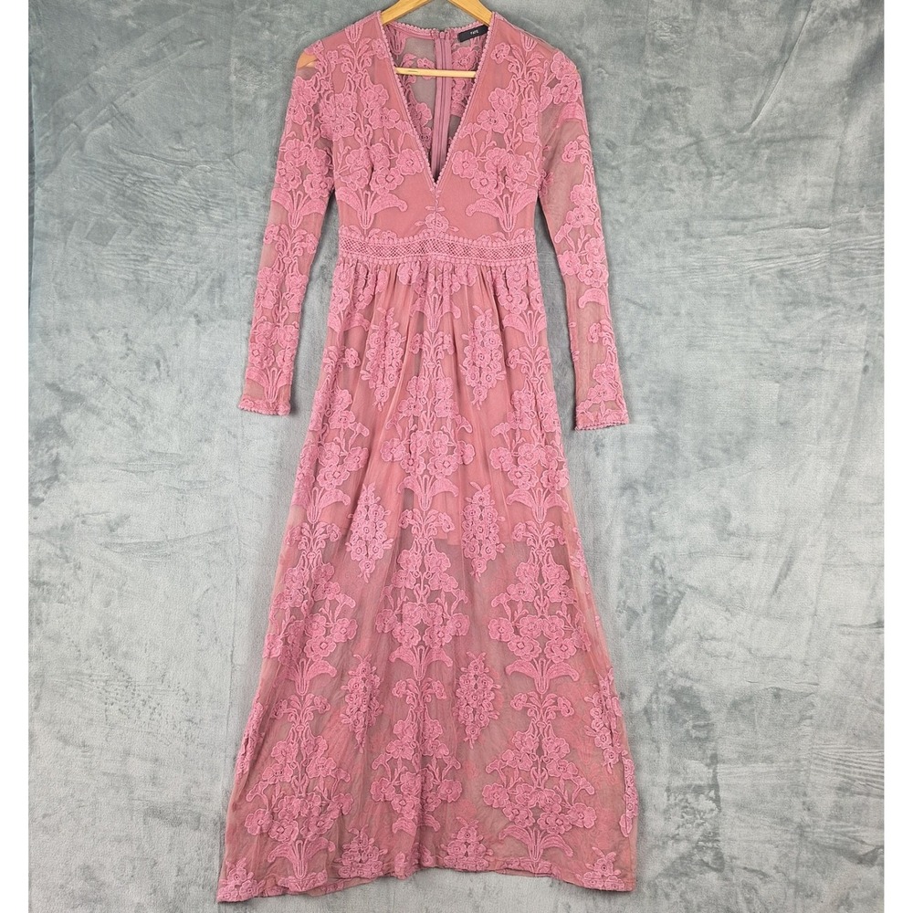 Womens Dress Medium Floral Lace Maxi Sheer Romantic Feminine Fairy Coquette Pink